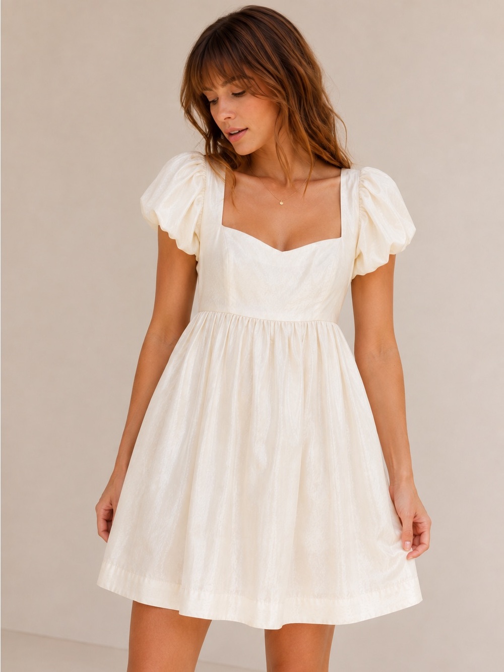 Free People Vita Mini Dress Ivory Puff Sleeve Open Back Babydoll Boho Size 12